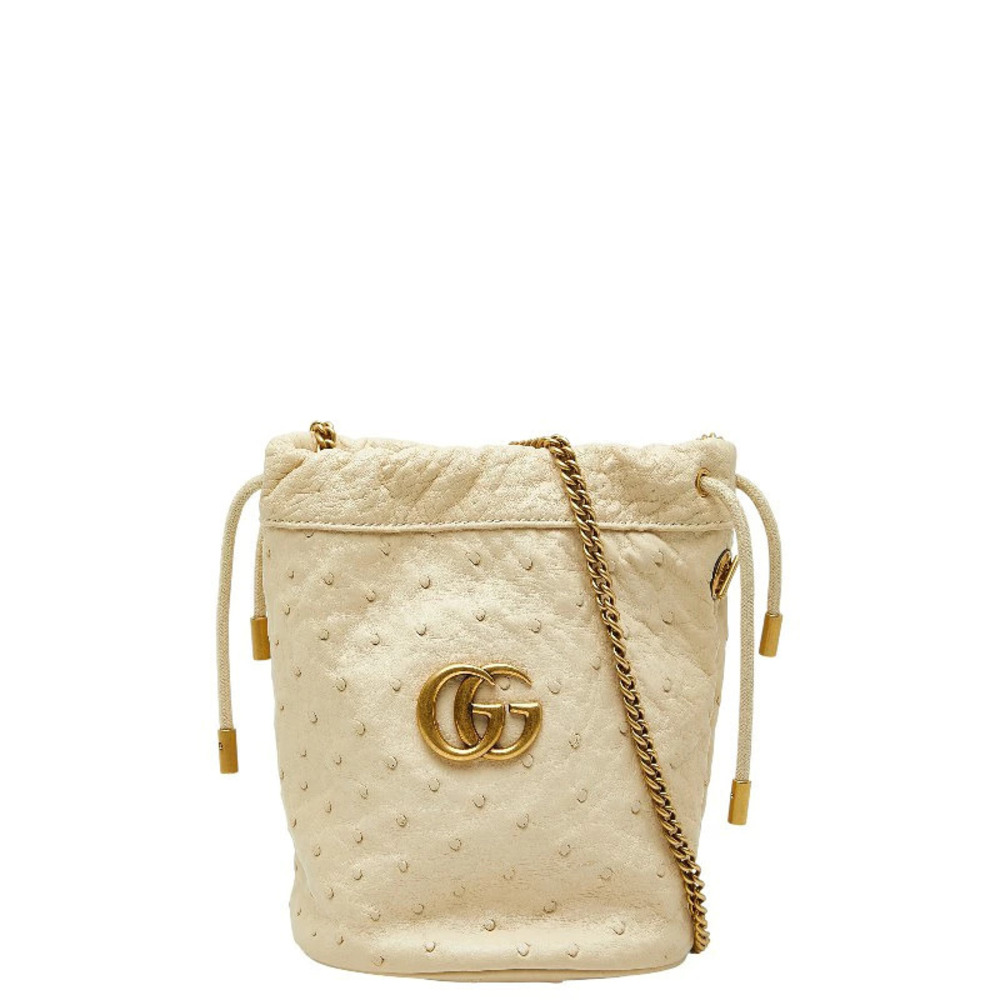 Gucci GG Marmont Bucket Chain Shoulder Bag Ivory White Ostrich Leather